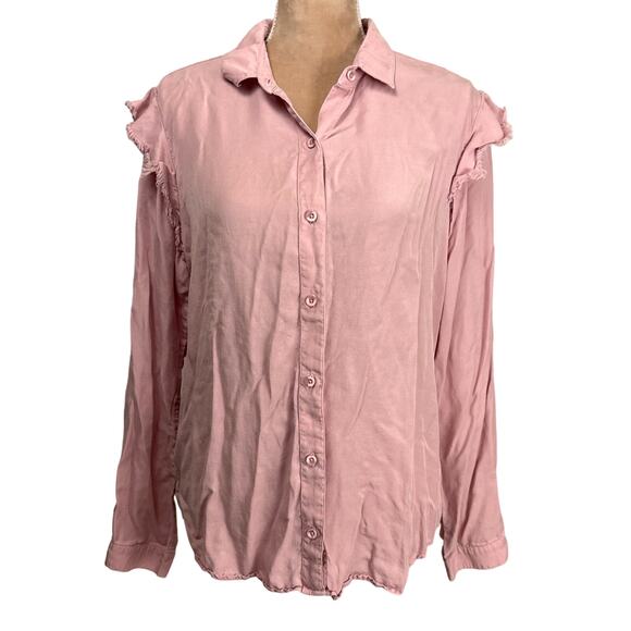 Cloth & Stone X Anthropologie Womens Pink Top Button Front Raw Ruffle Trim Sz Lg - Picture 1 of 9